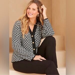 Tahari Button Up Fringe Knit Black & White V-Neck Cardigan Sweater Blazer Sz M
